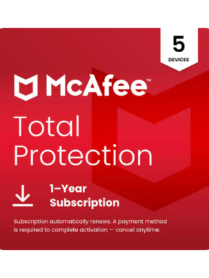 McAfee Total Protection – 5-Device Antivirus with Scam Protection | 1-Year Subscription with Auto-Renewal | Windows, Mac, Android, iOS & ChromeOS (Digital Download)