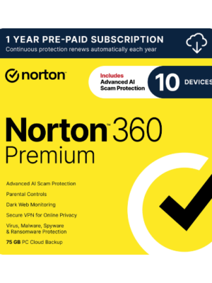 Norton 360 Premium – Advanced Antivirus Protection for 10 Devices | 1-Year Subscription | PC, Mac, iOS & Android (Digital Download)