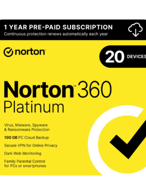 Norton 360 Platinum – Complete Antivirus Protection for 20 Devices | 1-Year Subscription | PC, Mac, iOS & Android (Digital Download)